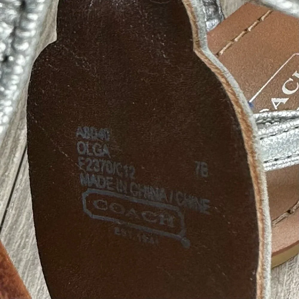 Coach Sandals Womens 7B Olga Embellished T-Strap Slingback Flats Leather Silver